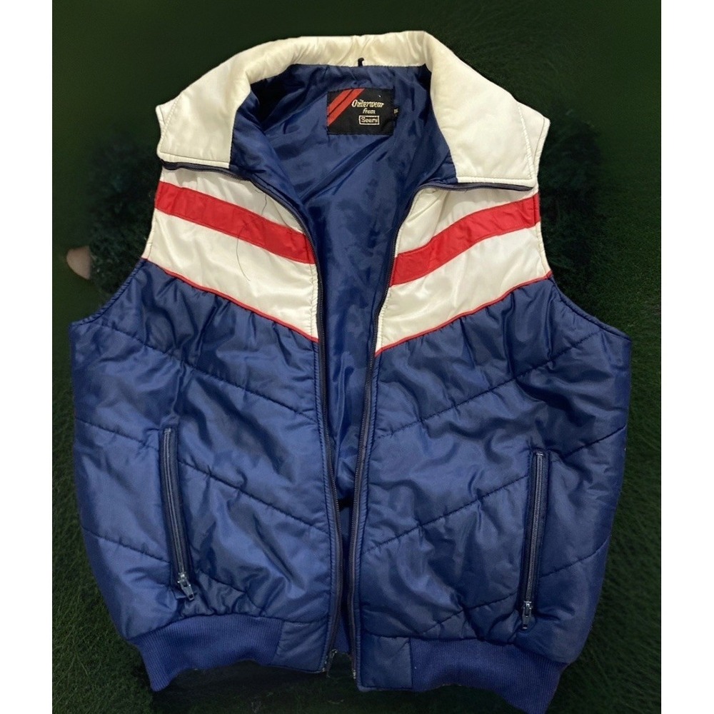 Vintage Sears Oakbrook Sports Mens Vest Sz L Blue Quilted Full Zip